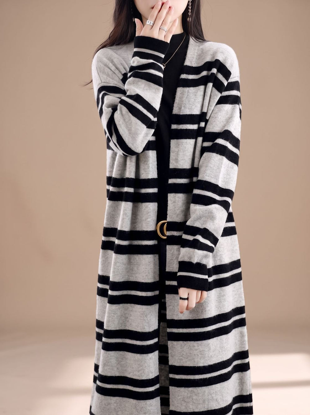 Lucette™ | Women's Oversized Striped Long Cardigan with Open Front