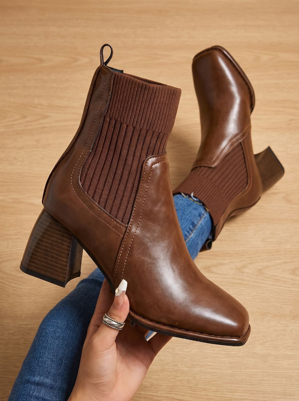 Felicie™ | Women's Pull On Ankle Boots with Ribbed Knit Shaft