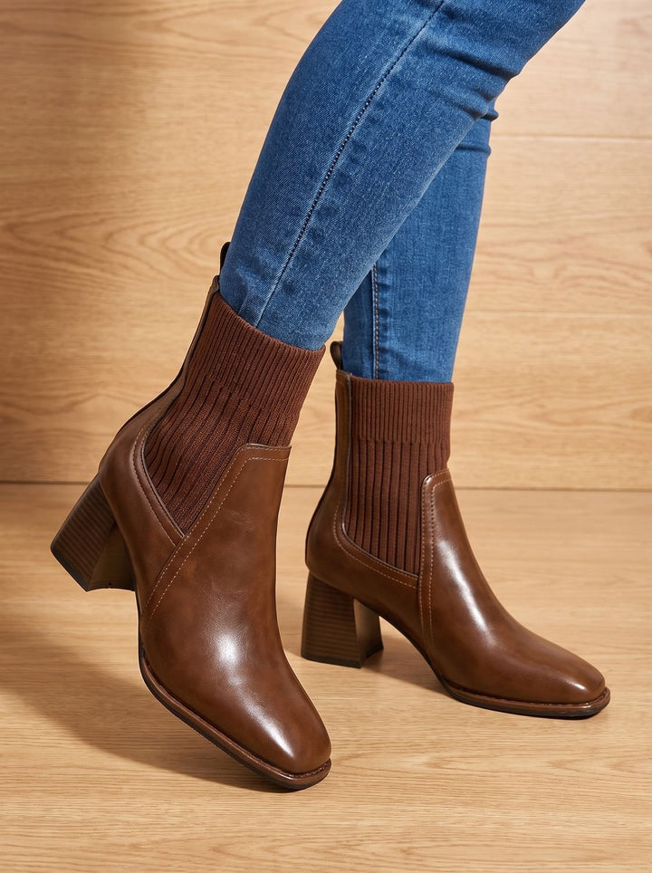 Felicie™ | Women's Pull On Ankle Boots with Ribbed Knit Shaft
