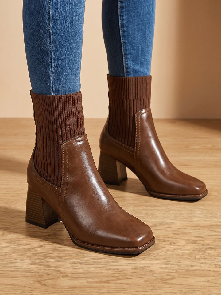 Felicie™ | Women's Pull On Ankle Boots with Ribbed Knit Shaft