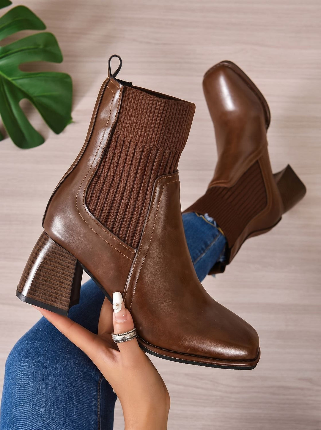 Felicie™ | Women's Pull On Ankle Boots with Ribbed Knit Shaft
