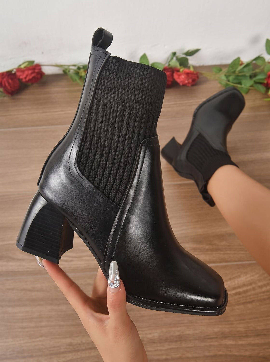 Felicie™ | Women's Pull On Ankle Boots with Ribbed Knit Shaft