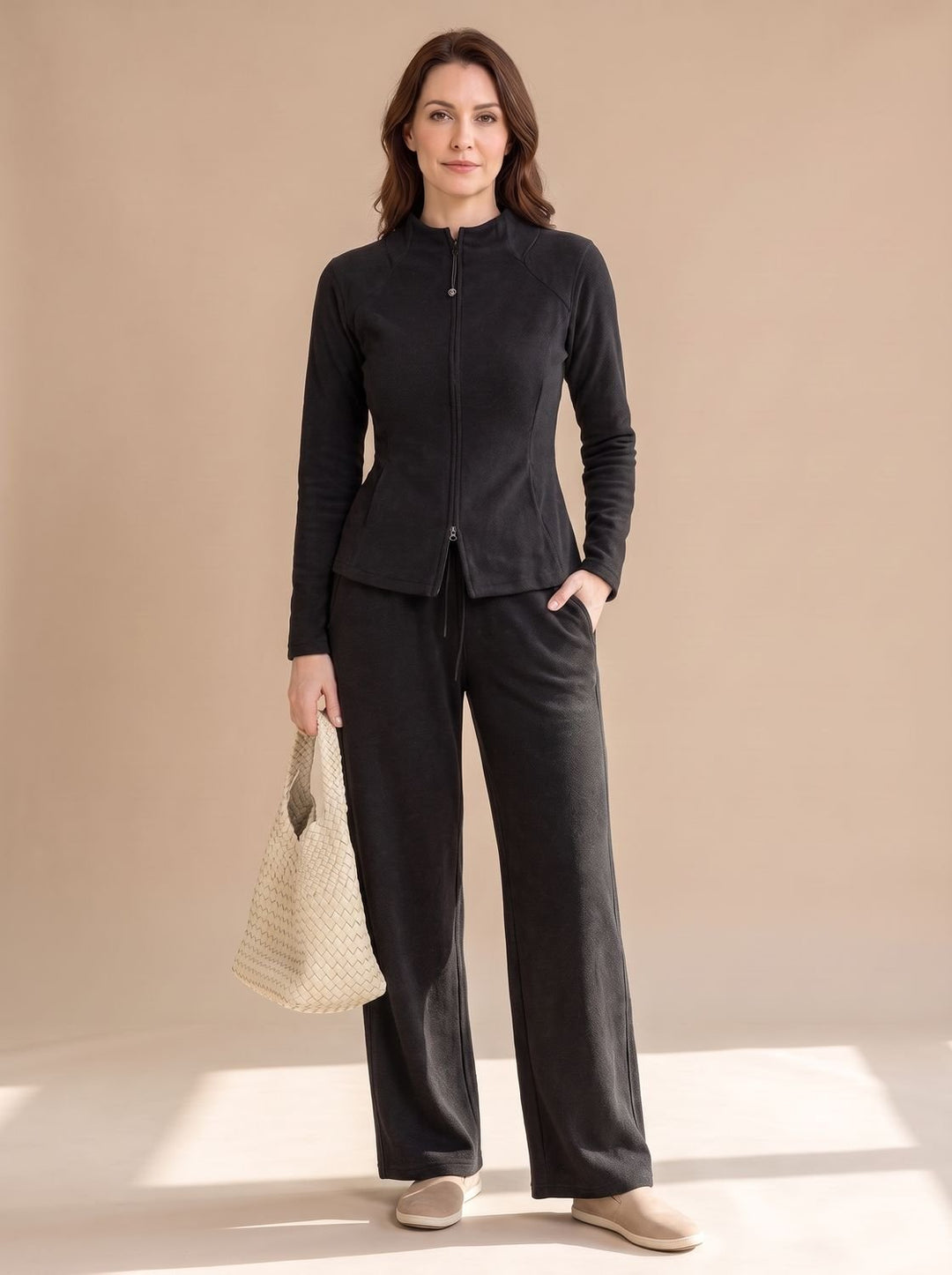 Angeline™ | Women's Two Piece Knit Set with Zip Jacket and Wide Leg Pants