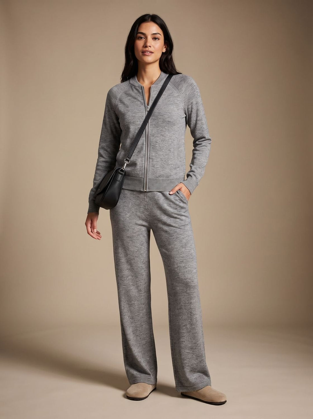 Angeline™ | Women's Two Piece Knit Set with Zip Jacket and Wide Leg Pants