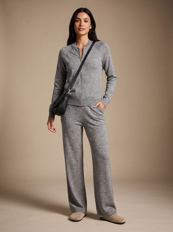 Angeline™ | Women's Two Piece Knit Set with Zip Jacket and Wide Leg Pants
