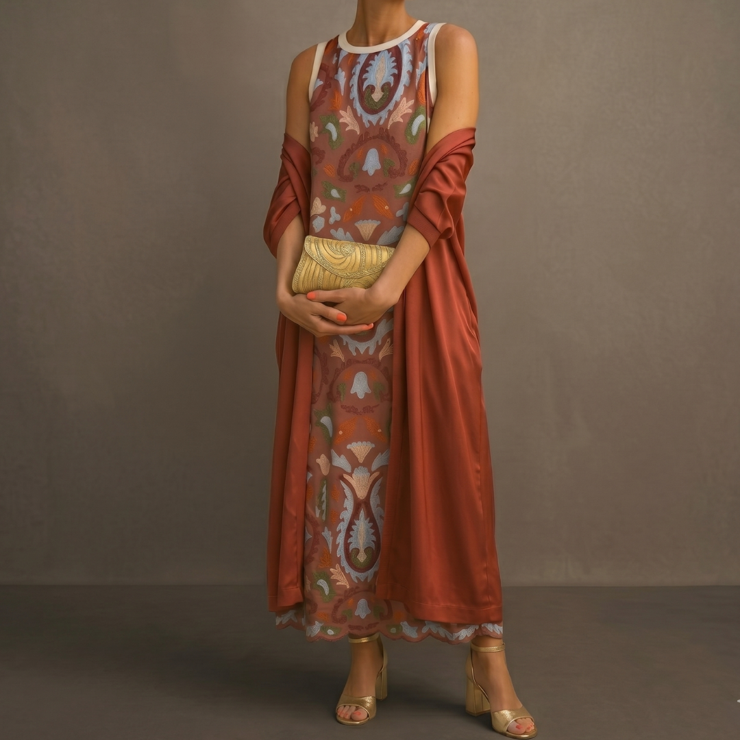Daniela™ | Long Printed Dress with Matching Vest