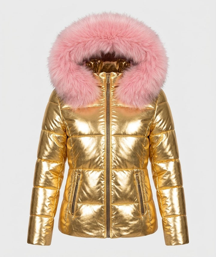 Cosima™ | Women's Metallic Puffer Jacket with Faux Fur Trim Hood