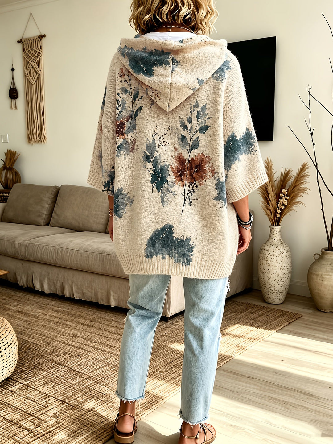 Roswitha™ | Women's Hooded Floral Cape Sweater with Drawstring