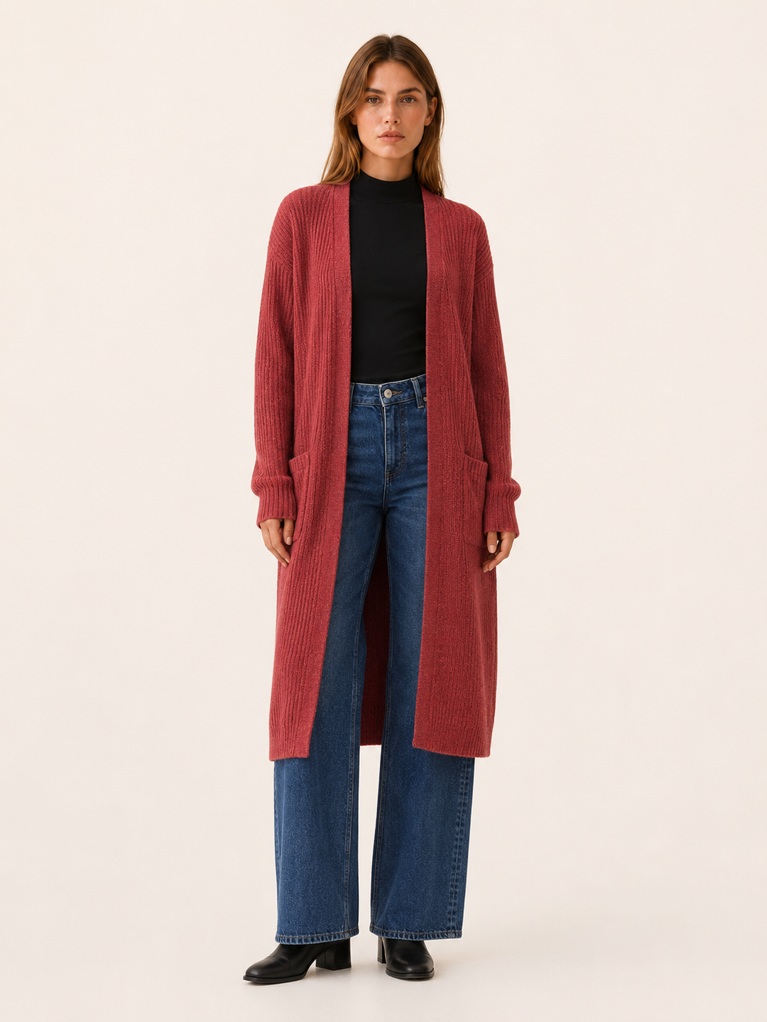 Delphine™ | Calf-Length Open-Front Cardigan with Pockets