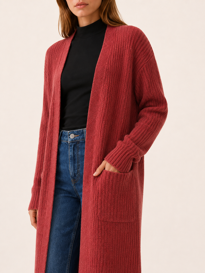 Delphine™ | Calf-Length Open-Front Cardigan with Pockets