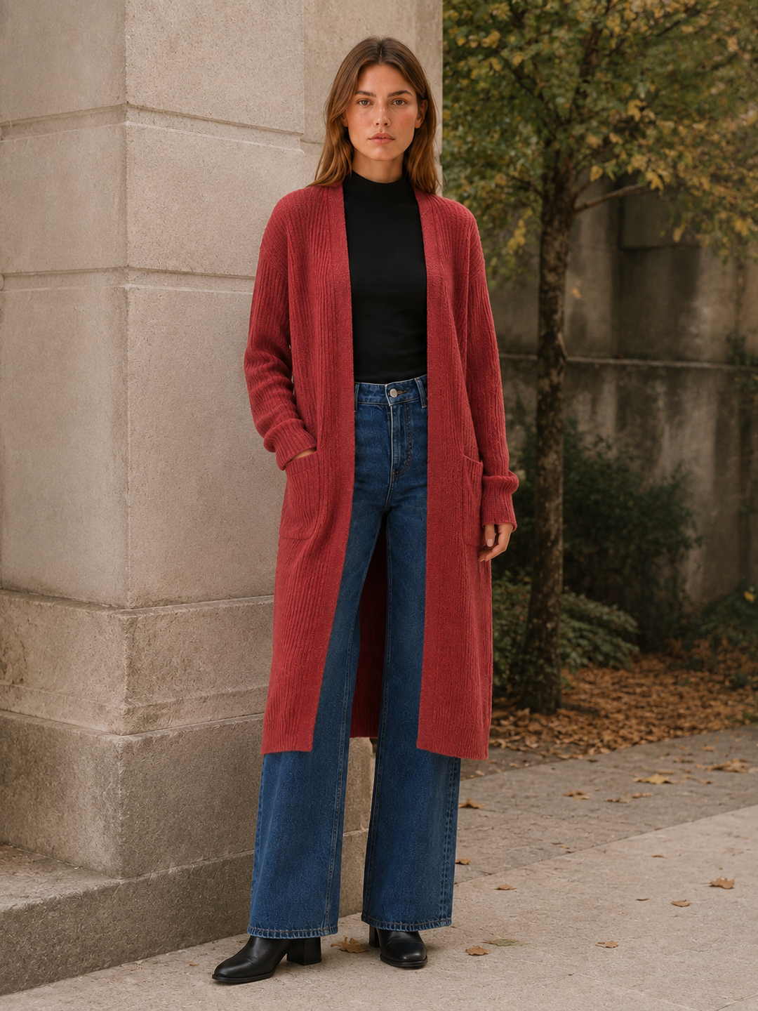 Delphine™ | Calf-Length Open-Front Cardigan with Pockets