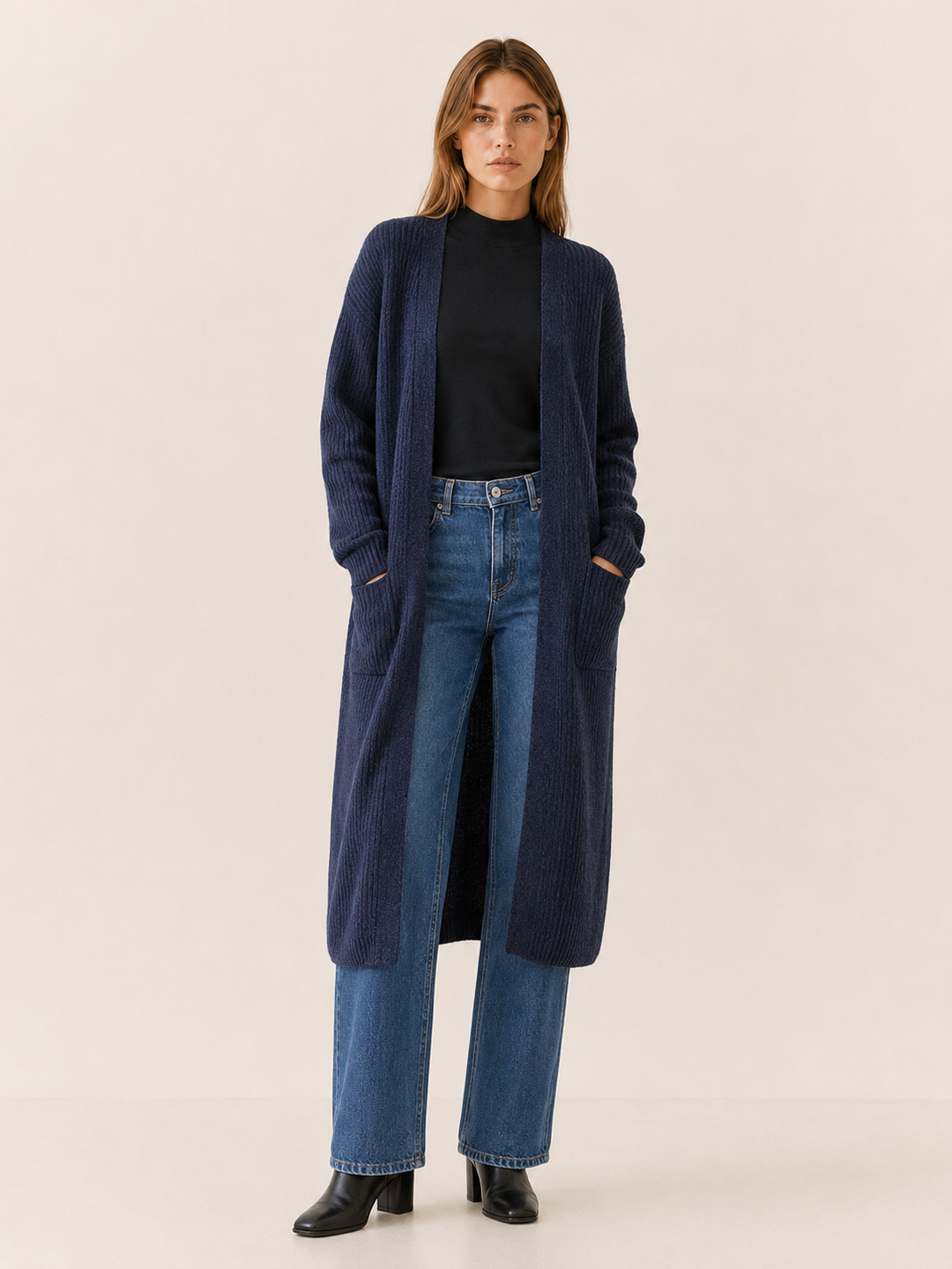 Delphine™ | Calf-Length Open-Front Cardigan with Pockets
