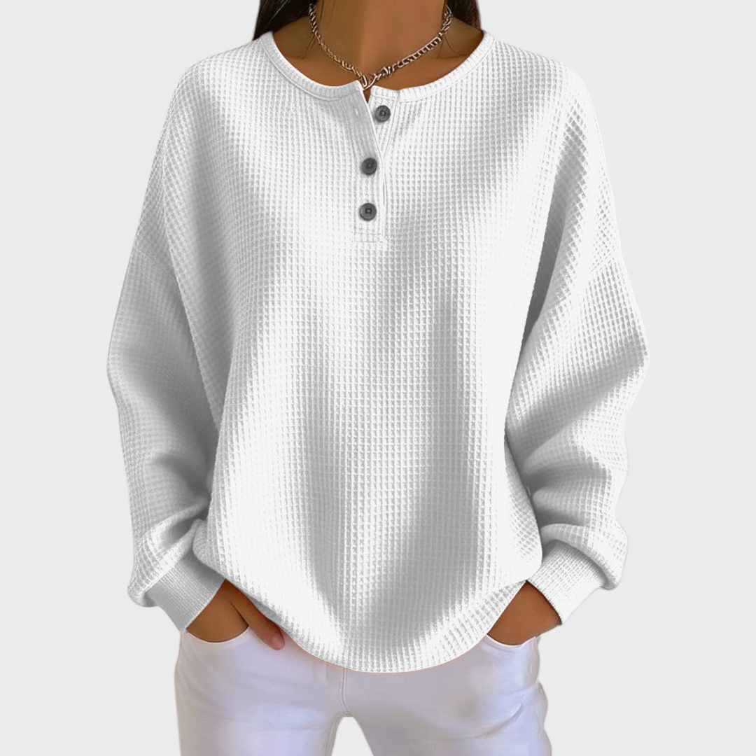 Paloma™ | Women's Waffle Knit Crew Neck Sweater with Button Placket