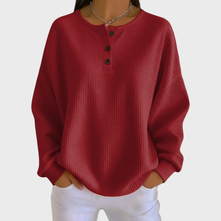 Paloma™ | Women's Waffle Knit Crew Neck Sweater with Button Placket