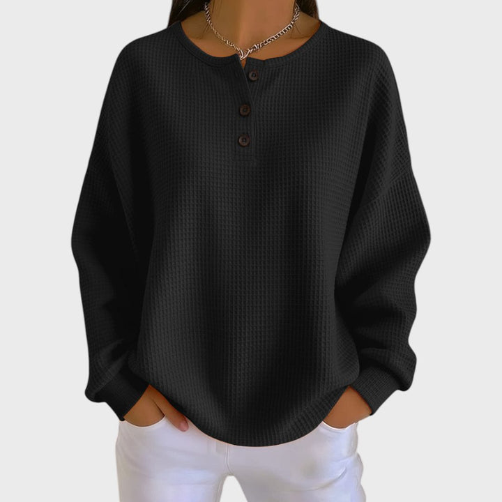 Paloma™ | Women's Waffle Knit Crew Neck Sweater with Button Placket