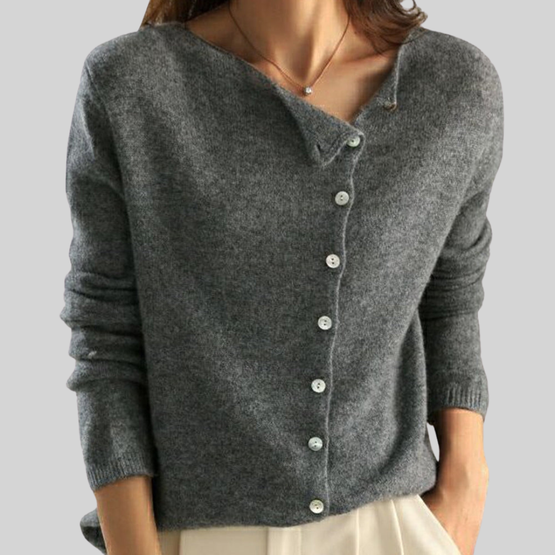 Rosanne™ | Women's Asymmetric Neckline Pearl Button Knit Cardigan