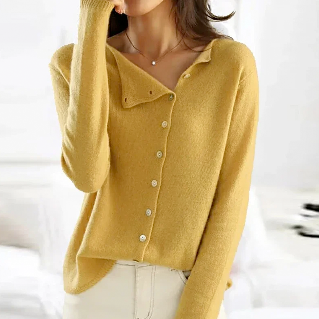 Rosanne™ | Women's Asymmetric Neckline Pearl Button Knit Cardigan