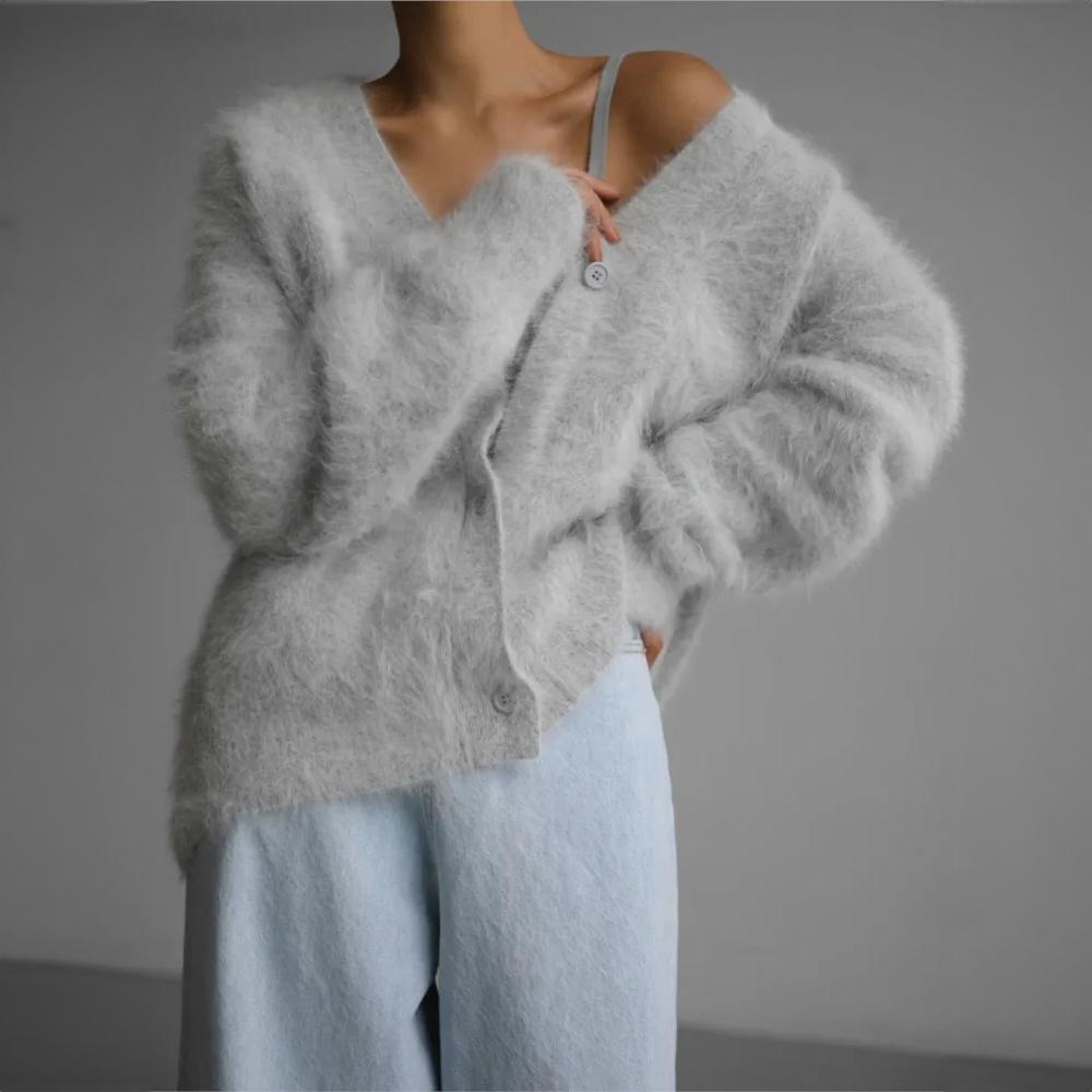Elowin™ | Women's Oversized Deep V Neck Brushed Knit Cardigan