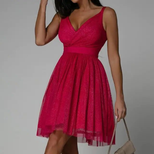 Dina™ | Women's Sequin Midi Dress with Wrap V-Neck and Full Skirt