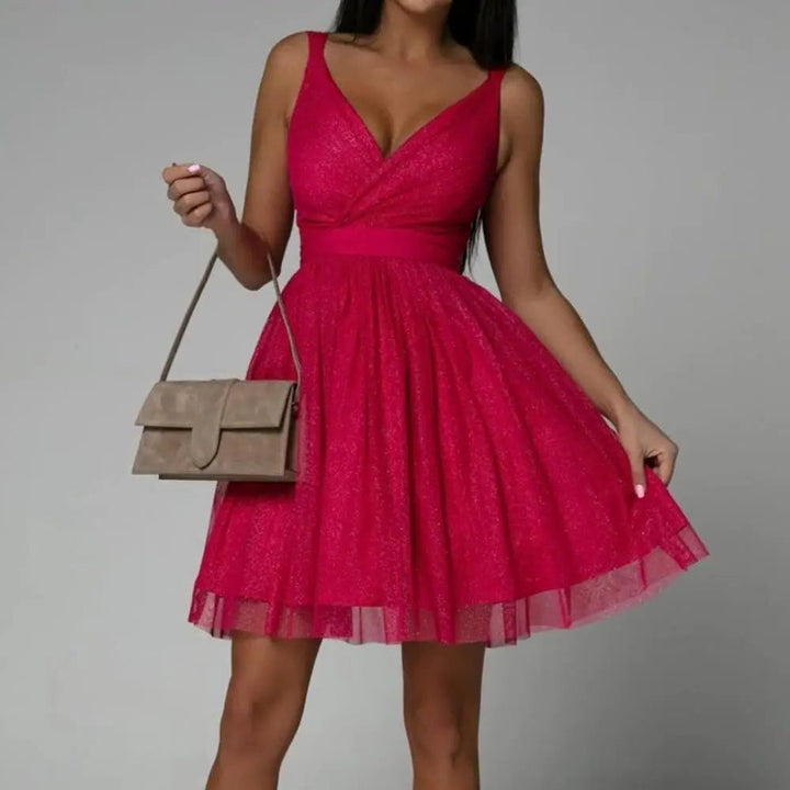 Dina™ | Women's Sequin Midi Dress with Wrap V-Neck and Full Skirt