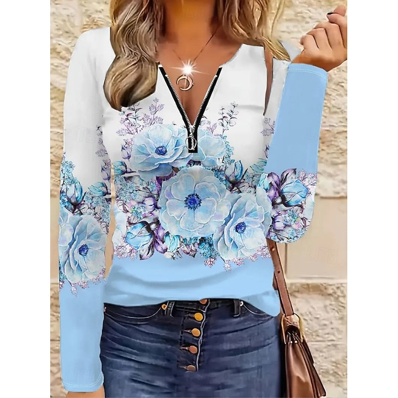 Azalea™ | Women's Floral Print Quarter-Zip Long Sleeve Top