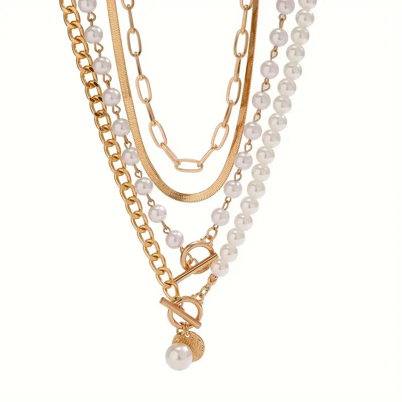 Vintage pearl necklace with a gold snake chain – set
