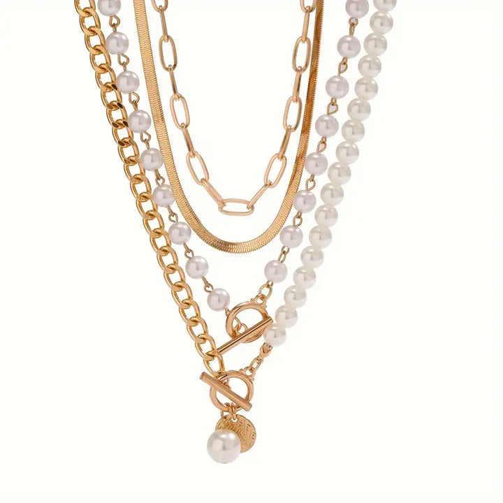 Vintage pearl necklace with a gold snake chain – set