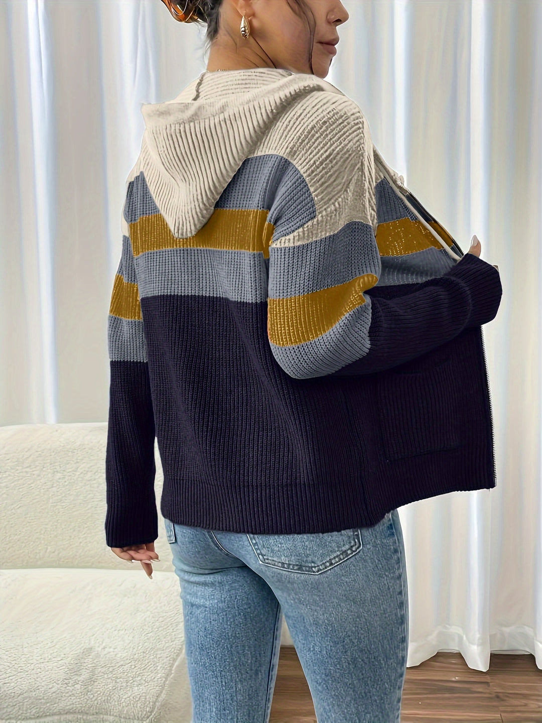 Susannah™ | Women's Colour Block Hooded Zip Cardigan with Pockets