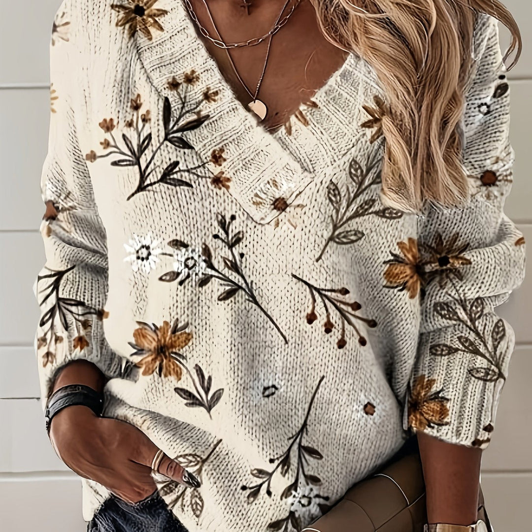 Mirabelle™ | Women's Floral Print V Neck Knit Sweater