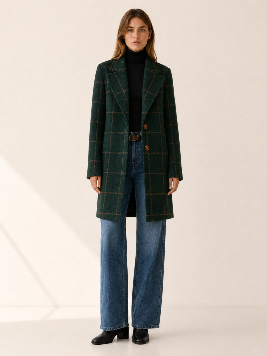 Elise™ | Longline Trench Coat with Windowpane Check