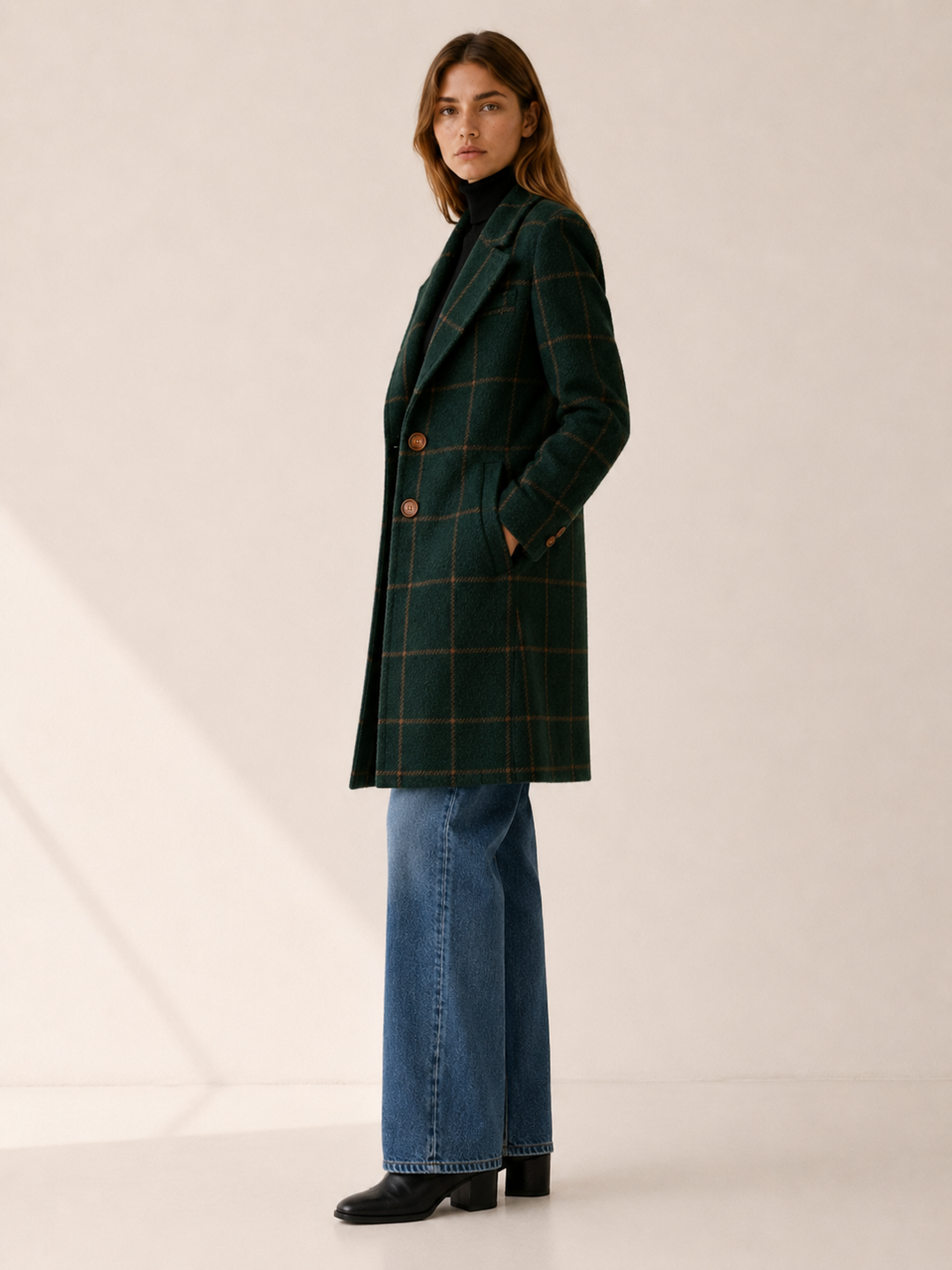 Elise™ | Longline Trench Coat with Windowpane Check