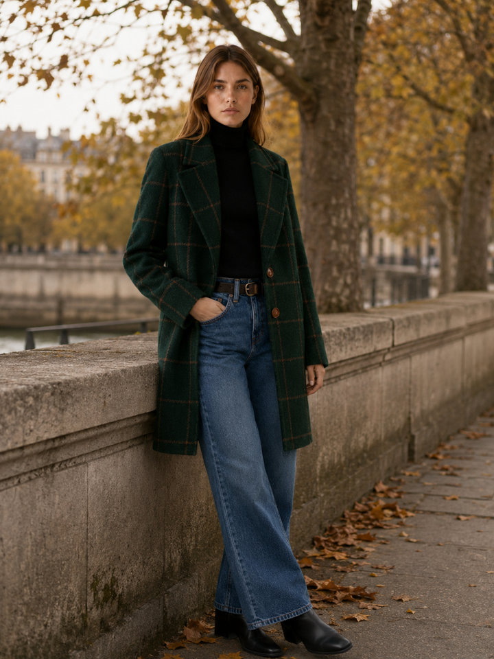 Elise™ | Longline Trench Coat with Windowpane Check