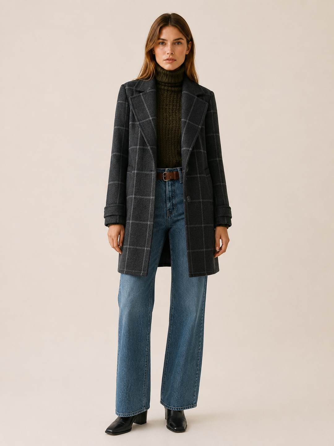Elise™ | Longline Trench Coat with Windowpane Check