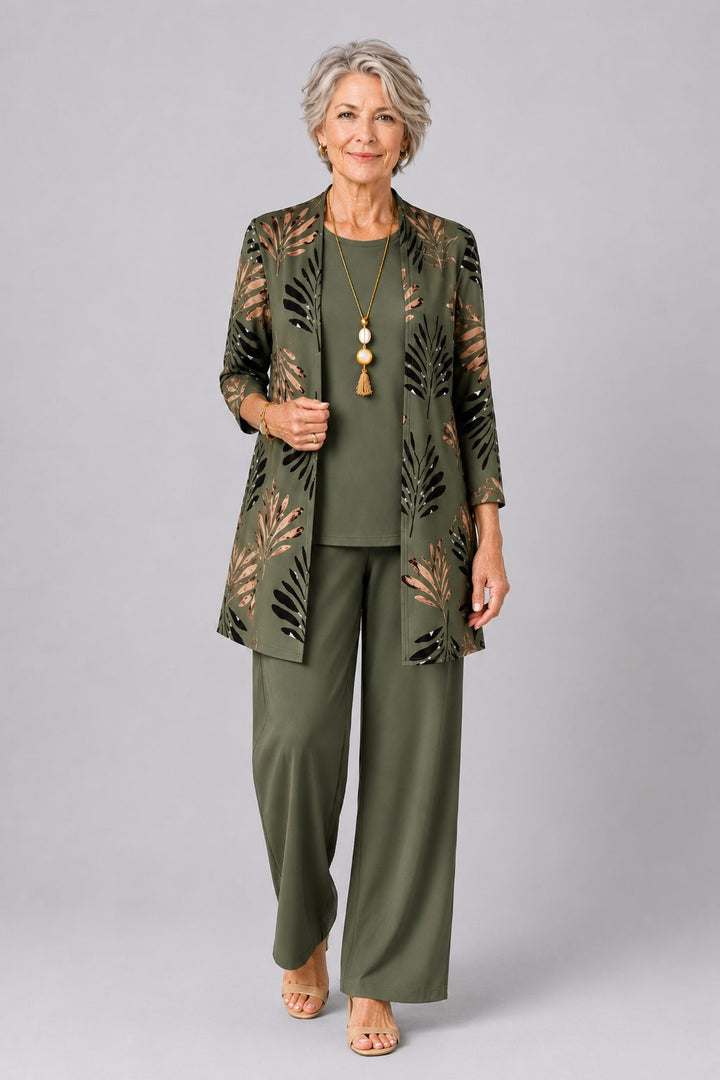 Edwina™ | Women's Three Piece Set with Leaf Print Longline Cardigan
