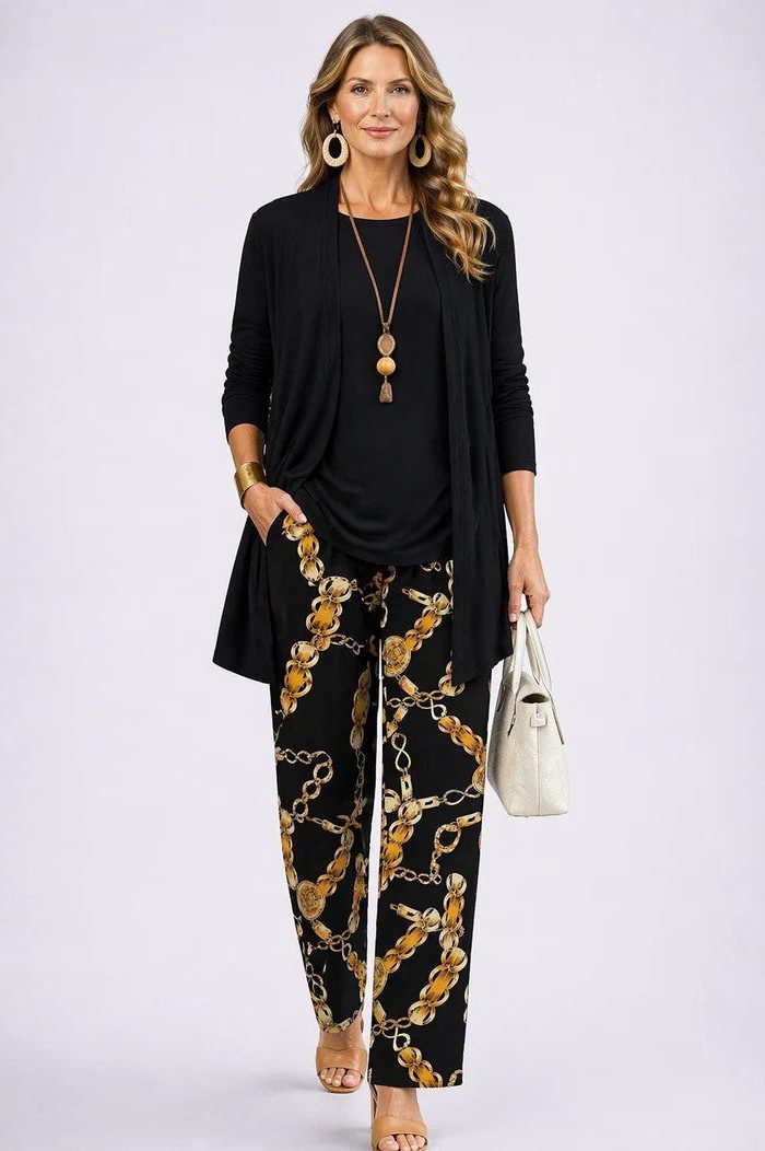 Edwina™ | Women's Three Piece Set with Leaf Print Longline Cardigan