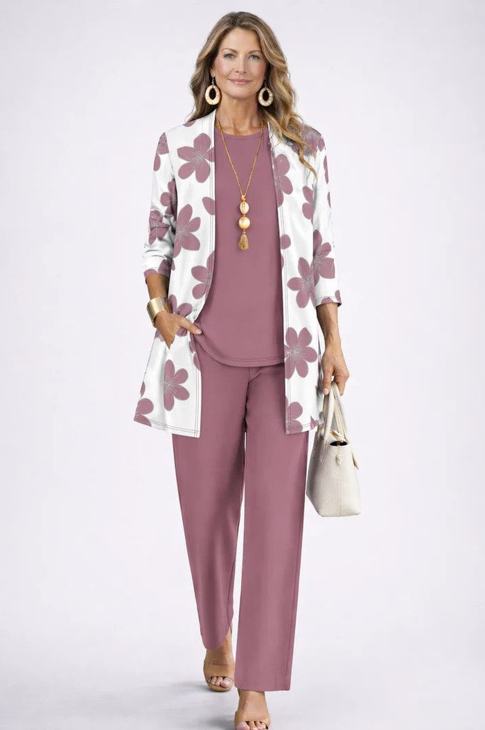 Edwina™ | Women's Three Piece Set with Leaf Print Longline Cardigan