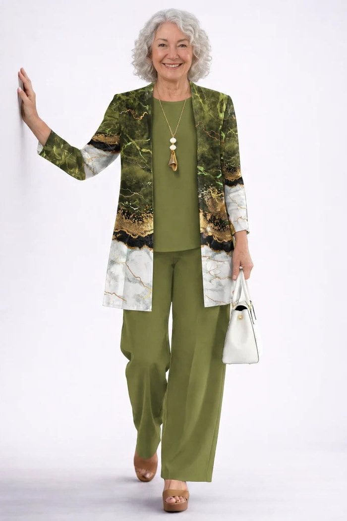 Edwina™ | Women's Three Piece Set with Leaf Print Longline Cardigan