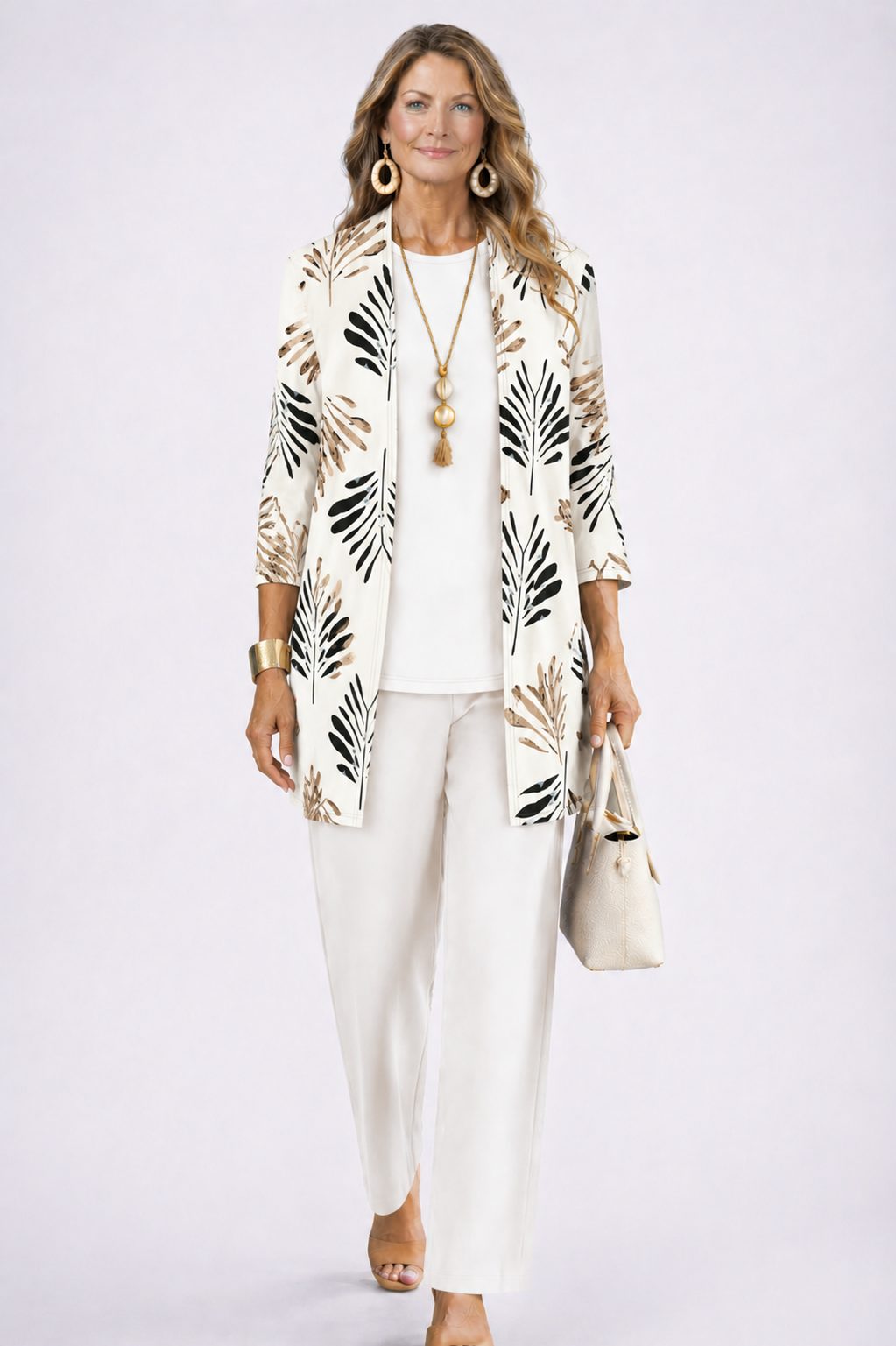 Edwina™ | Women's Three Piece Set with Leaf Print Longline Cardigan