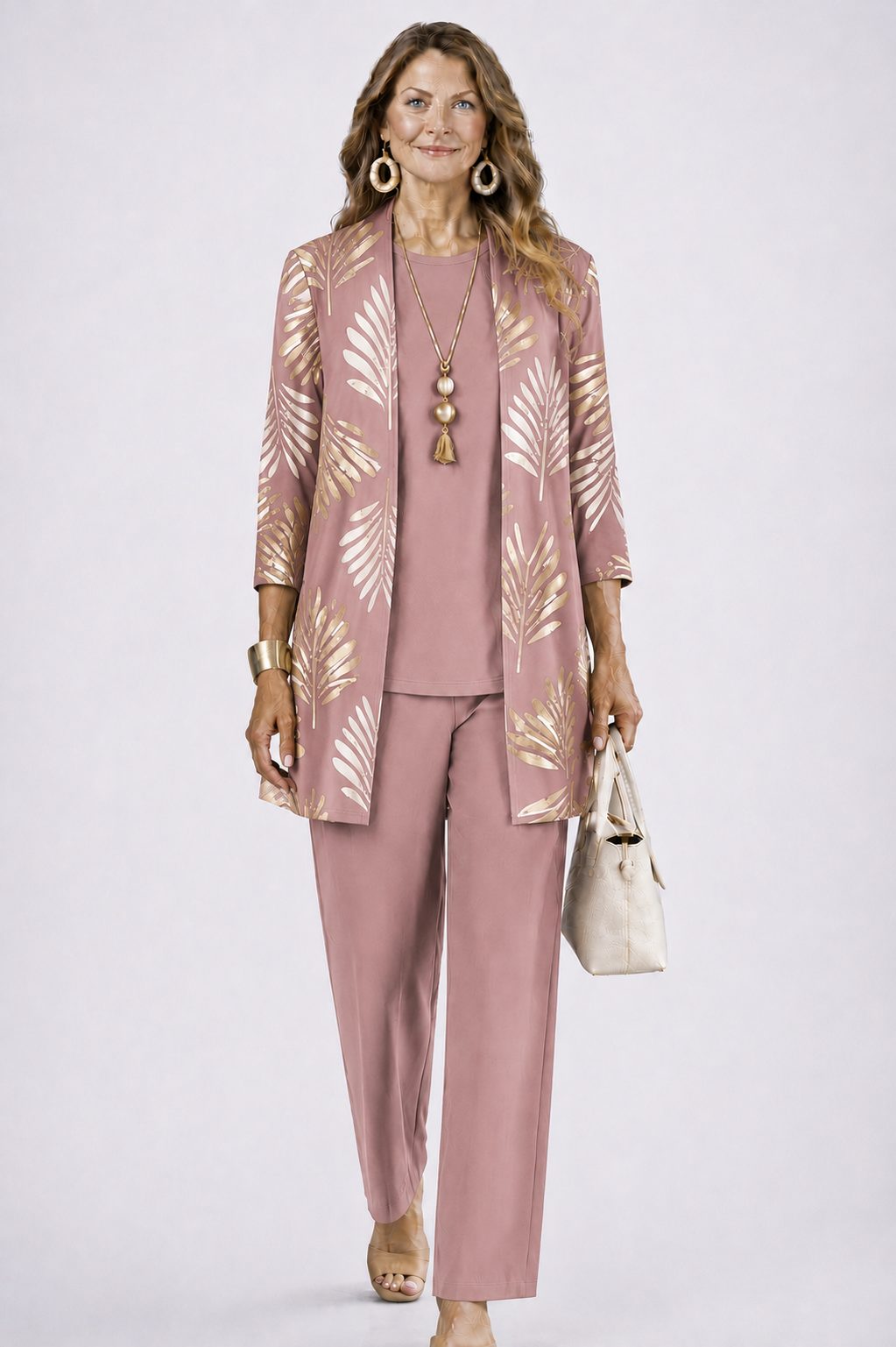 Edwina™ | Women's Three Piece Set with Leaf Print Longline Cardigan