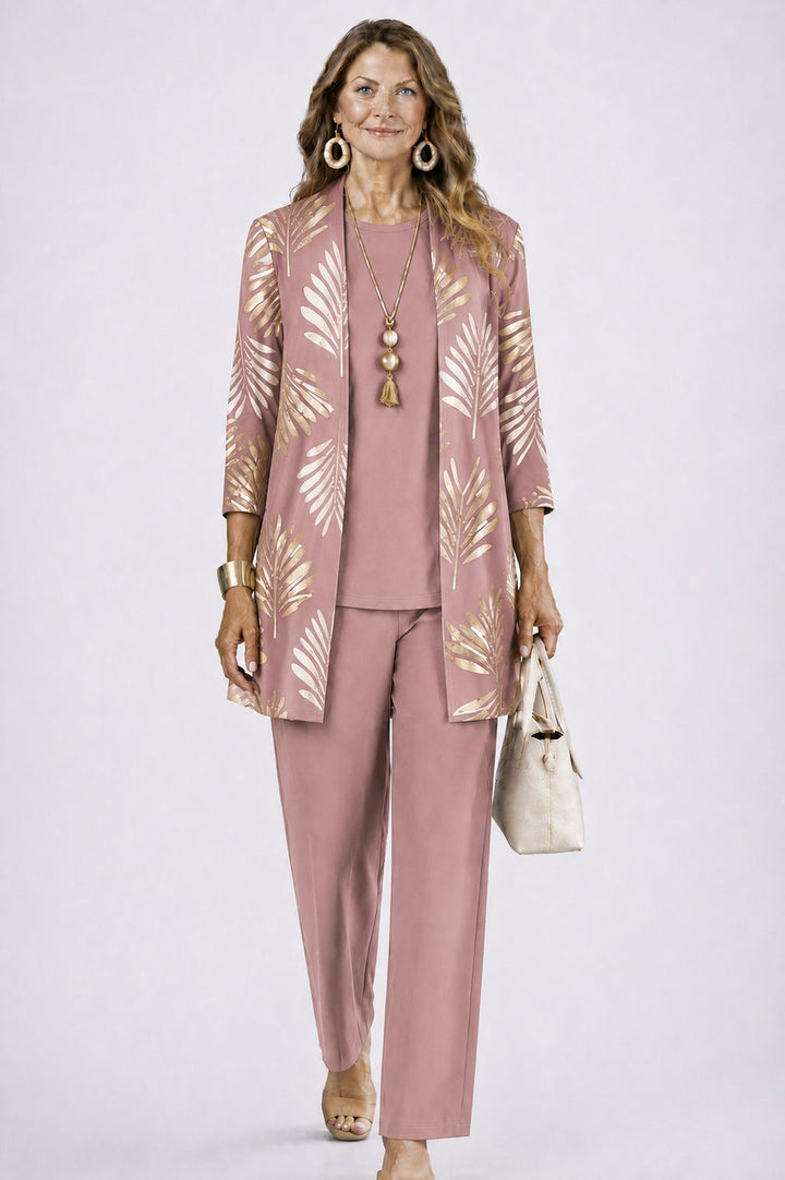 Edwina™ | Women's Three Piece Set with Leaf Print Longline Cardigan