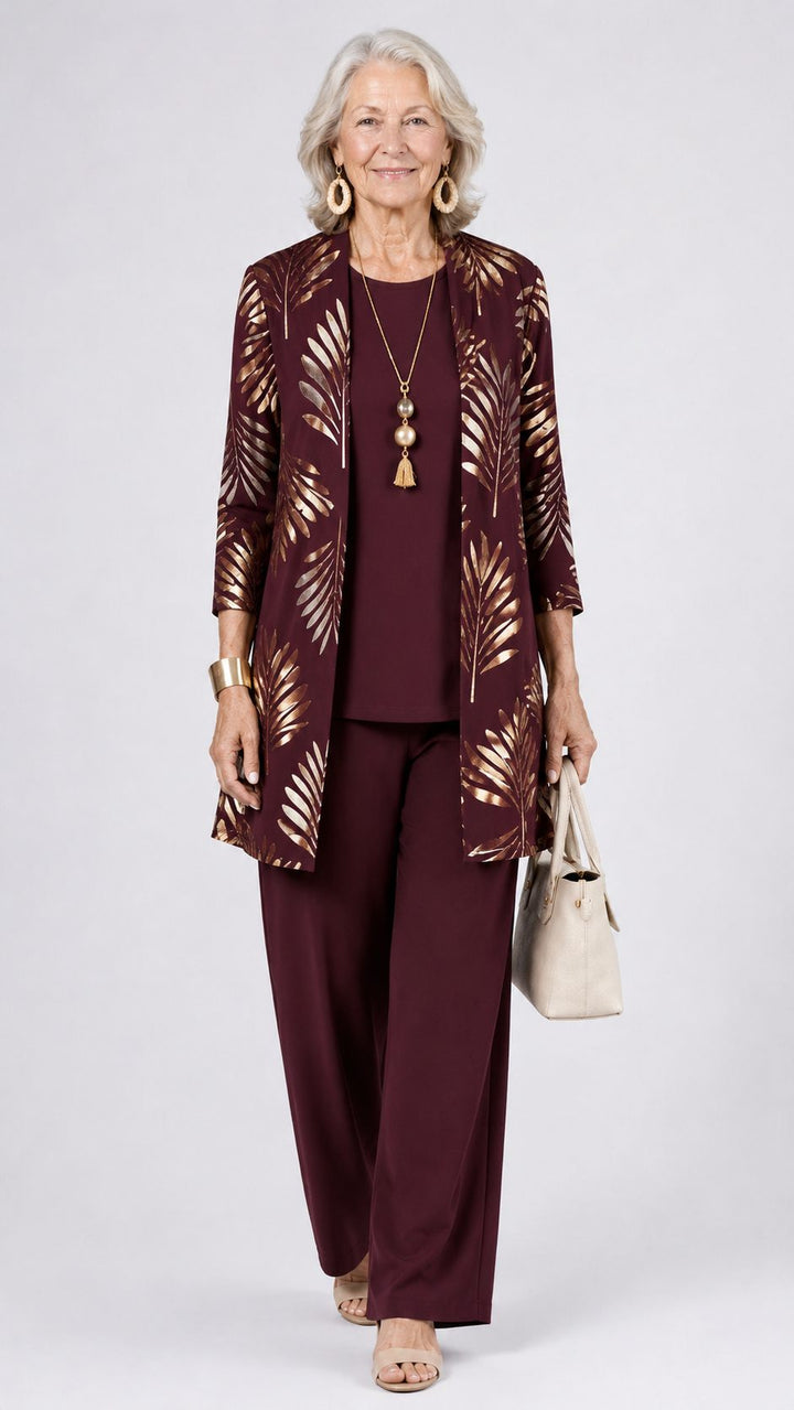 Edwina™ | Women's Three Piece Set with Leaf Print Longline Cardigan
