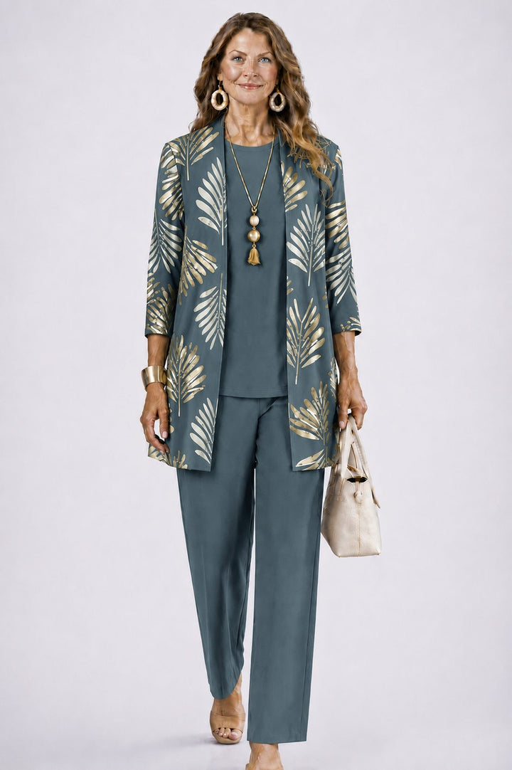 Edwina™ | Women's Three Piece Set with Leaf Print Longline Cardigan