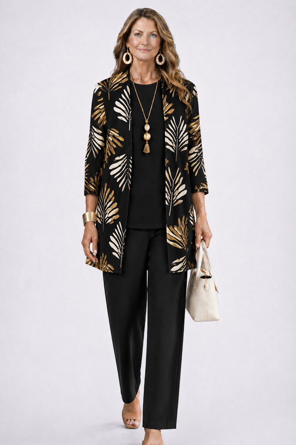 Edwina™ | Women's Three Piece Set with Leaf Print Longline Cardigan