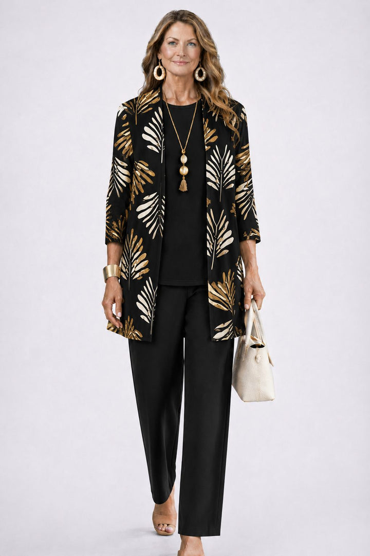 Edwina™ | Women's Three Piece Set with Leaf Print Longline Cardigan