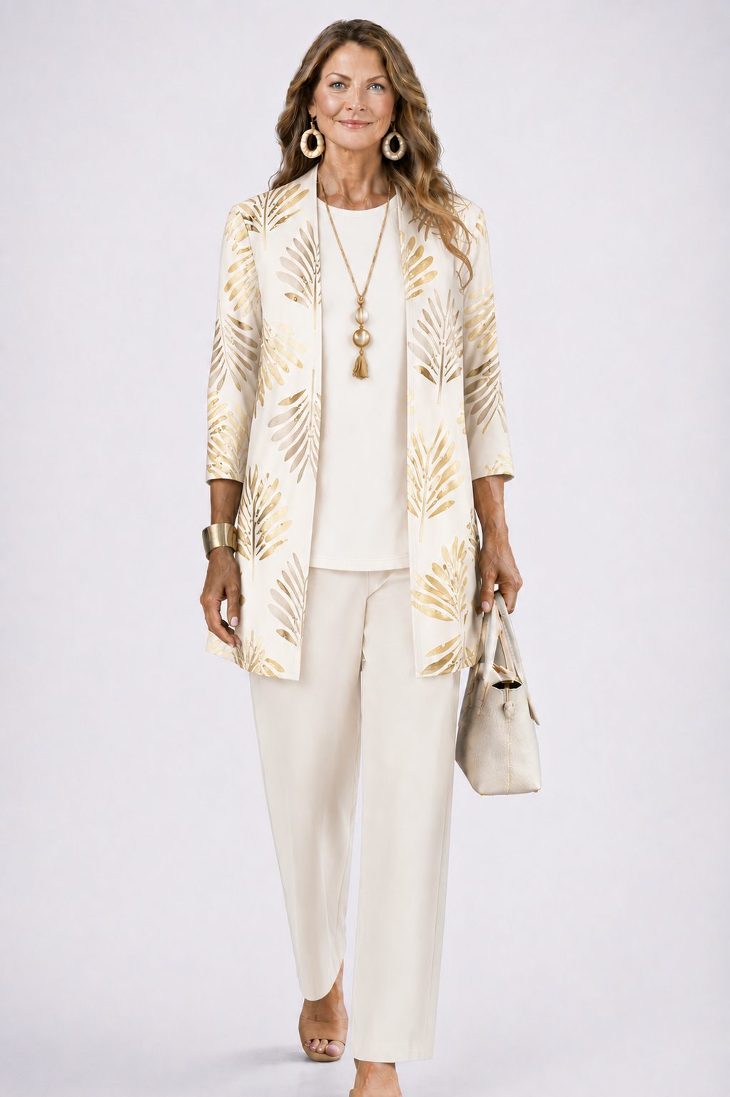 Edwina™ | Women's Three Piece Set with Leaf Print Longline Cardigan