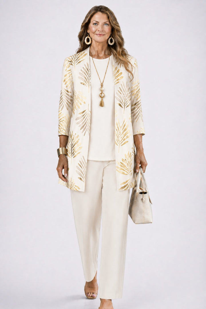 Edwina™ | Women's Three Piece Set with Leaf Print Longline Cardigan