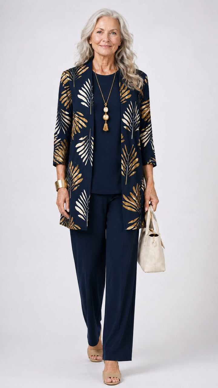 Edwina™ | Women's Three Piece Set with Leaf Print Longline Cardigan