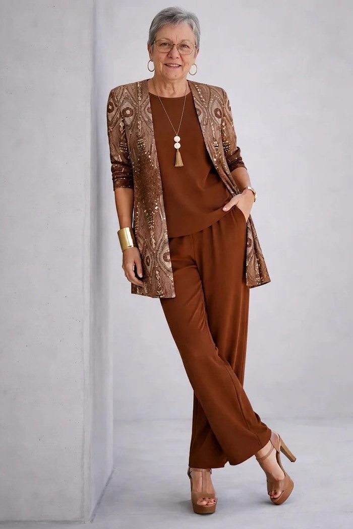 Edwina™ | Women's Three Piece Set with Leaf Print Longline Cardigan