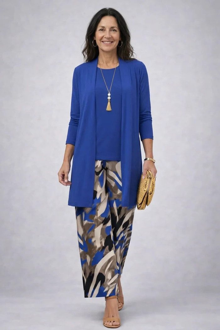 Edwina™ | Women's Three Piece Set with Leaf Print Longline Cardigan