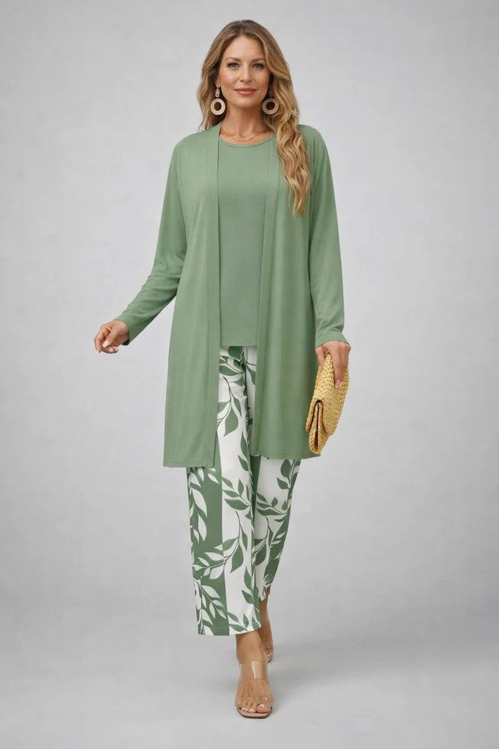 Edwina™ | Women's Three Piece Set with Leaf Print Longline Cardigan